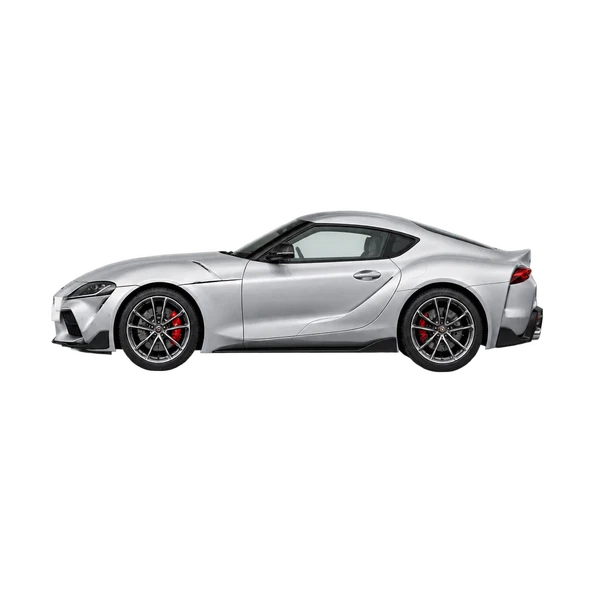 Toyota Supra 2025 باللون فضي، منظر جانبي (متجه إلى اليسار)