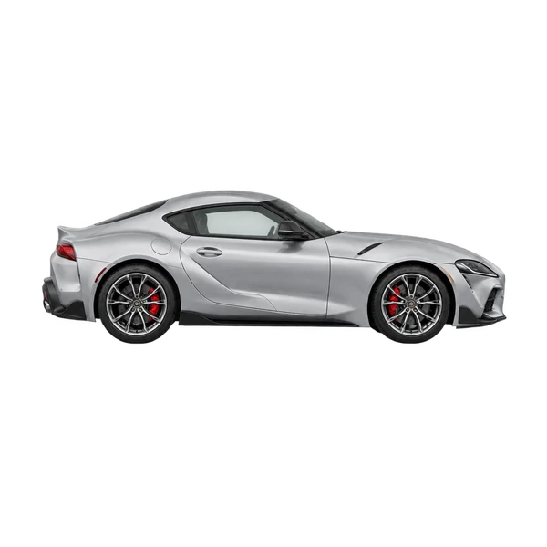 Toyota Supra 2025 باللون فضي، منظر منظر جانبي (باتجاه اليمين)