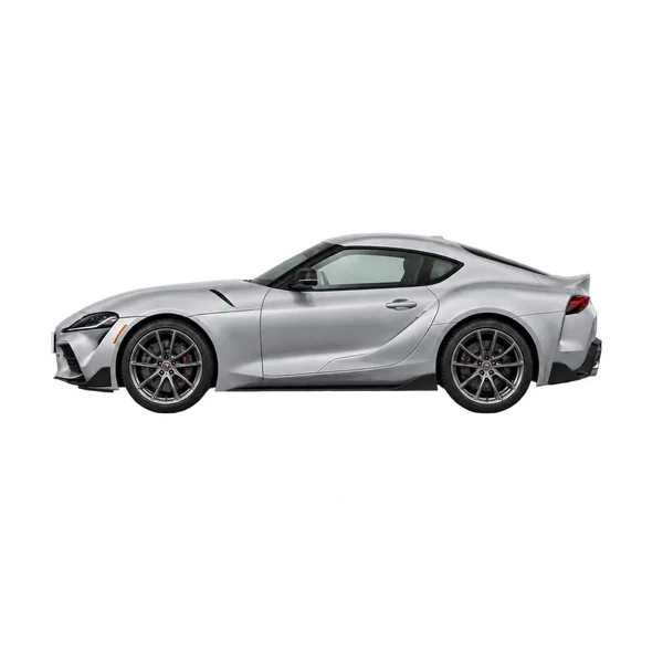 Toyota Supra 2027 باللون فضي، منظر جانبي (متجه إلى اليسار)