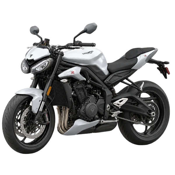 2021 Triumph Street Triple R in Silber, Ansicht: Dreiviertelansicht vorne (nach links gerichtet)