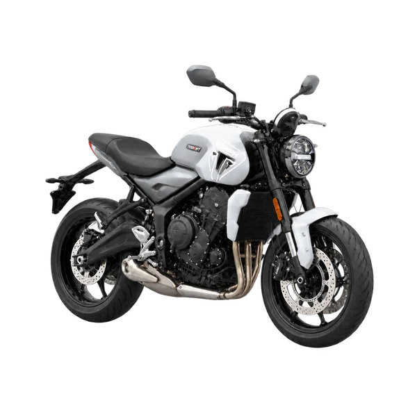 Triumph Trident 660 2025 باللون فضي، منظر زاوية ثلاثة أرباع أمامية (باتجاه اليمين)