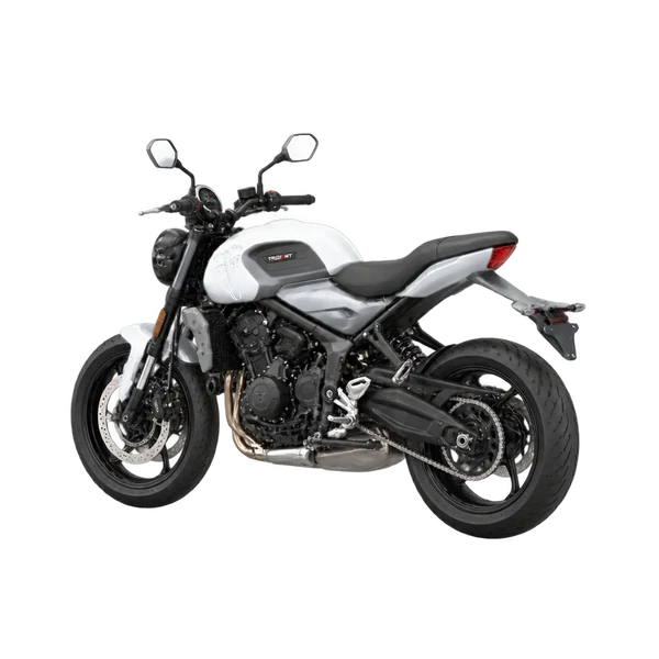 Triumph Trident 660 2025 باللون فضي، منظر ثلاثة أرباع خلفي (باتجاه اليسار)