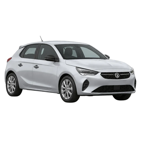 Vauxhall Corsa 2021 باللون فضي، منظر منظر أمامي بزاوية ثلاثة أرباع (متجه لليسار)