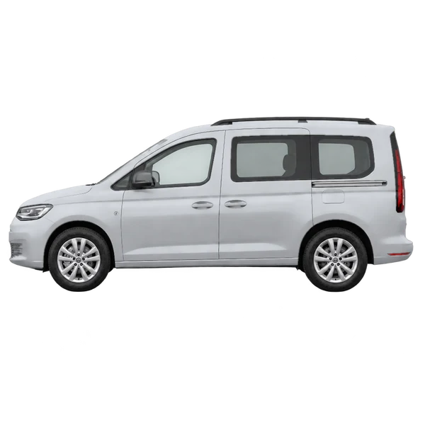 Volkswagen Caddy 2023 باللون فضي، منظر جانبي (متجه إلى اليسار)