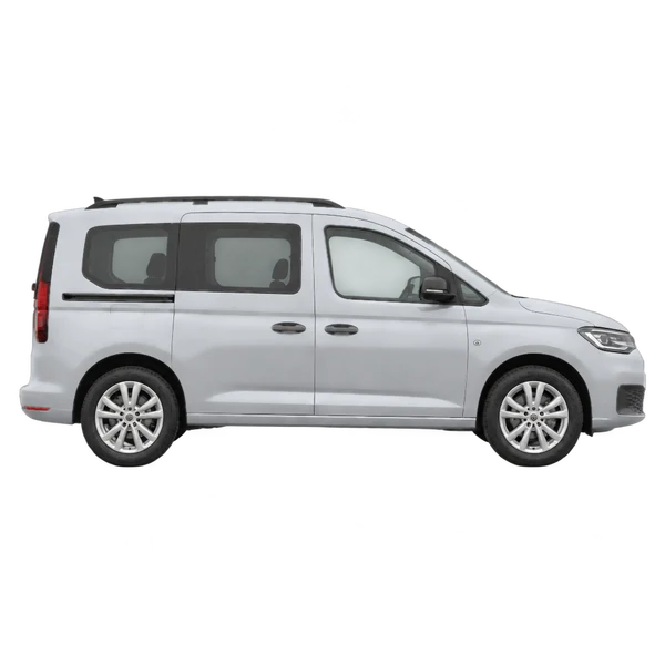 Volkswagen Caddy 2025 en plateado, vista lateral (hacia la derecha)