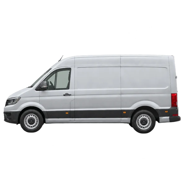 Volkswagen Crafter 2024 باللون فضي، منظر جانبي (متجه إلى اليسار)