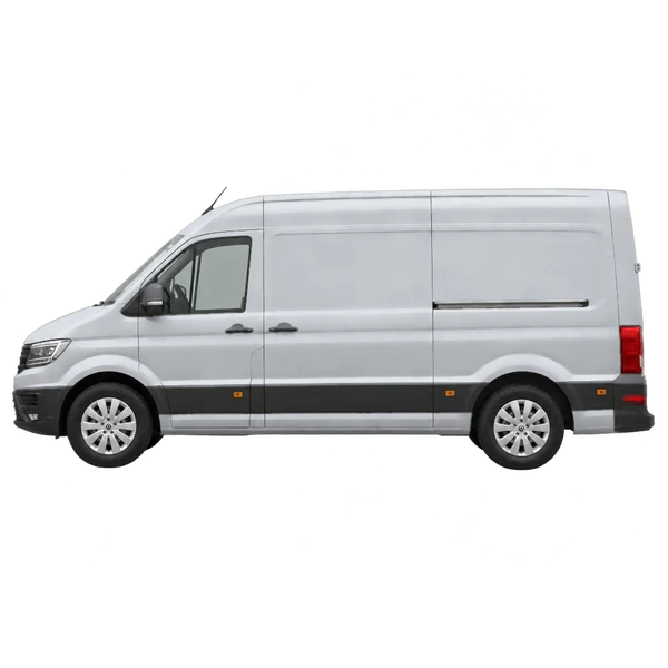 Volkswagen Crafter 2026 باللون فضي، منظر جانبي (متجه إلى اليسار)