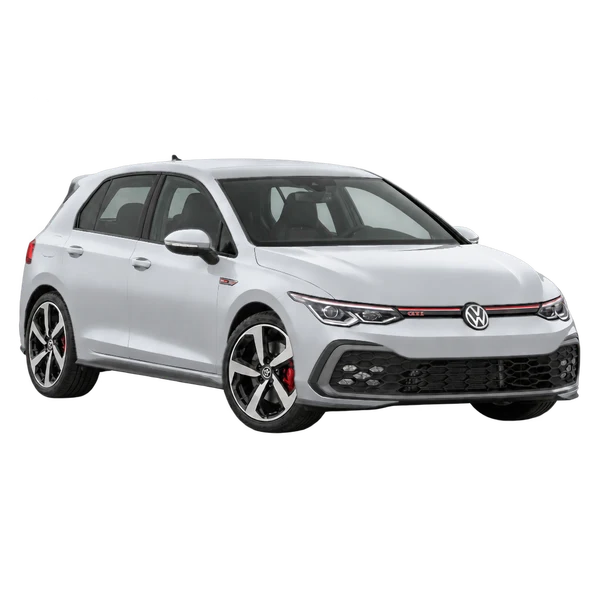 silver 2027 Volkswagen Golf GTI front three-quarter (facing right) view