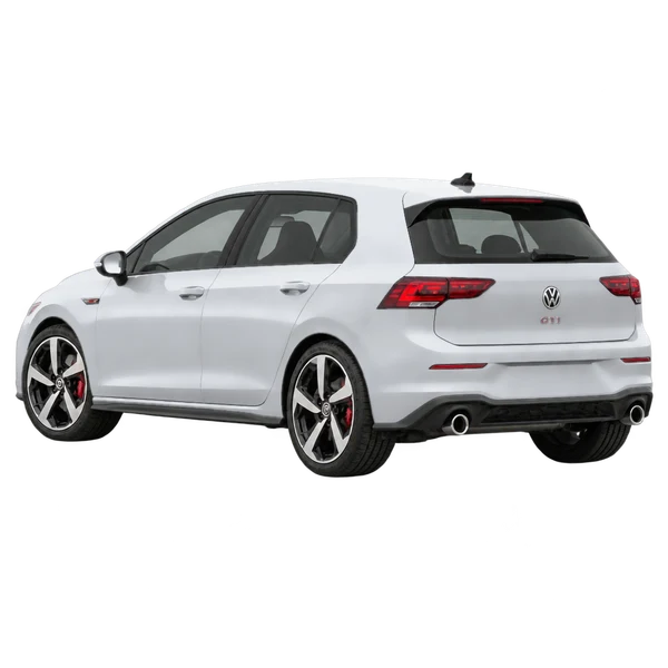 silver 2027 Volkswagen Golf GTI rear three-quarter (facing left) view