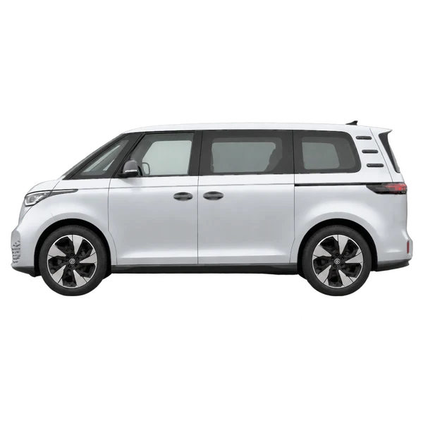 Volkswagen ID. Buzz Pro 2025 باللون فضي، منظر جانبي (متجه إلى اليسار)