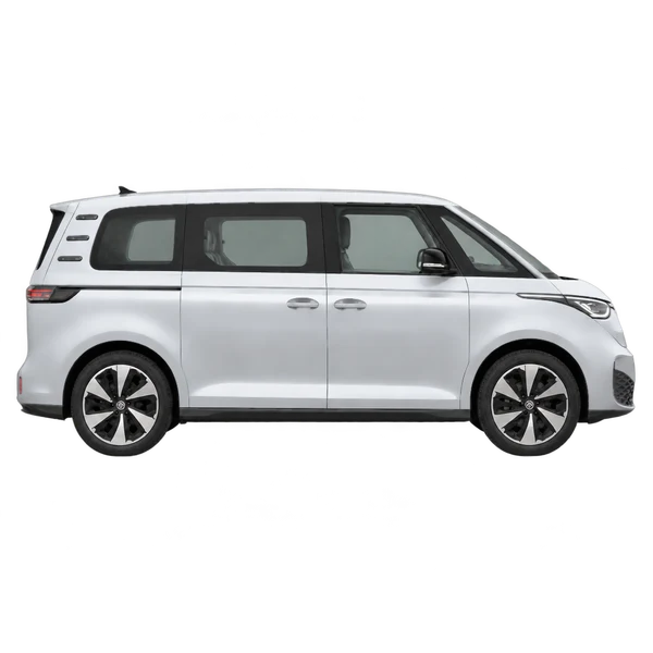 Volkswagen ID. Buzz 2023 باللون فضي، منظر منظر جانبي (باتجاه اليمين)