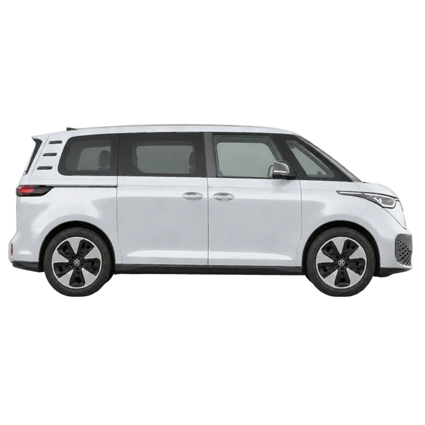 Volkswagen ID. Buzz 2024 باللون فضي، منظر منظر جانبي (باتجاه اليمين)