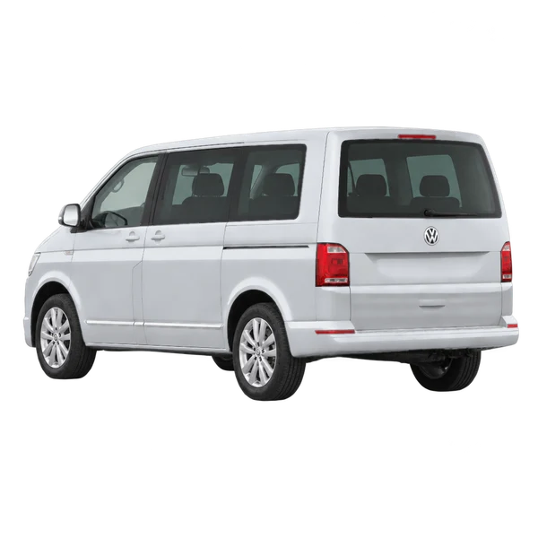 silver 2019 Volkswagen Multivan rear three-quarter (facing left) view