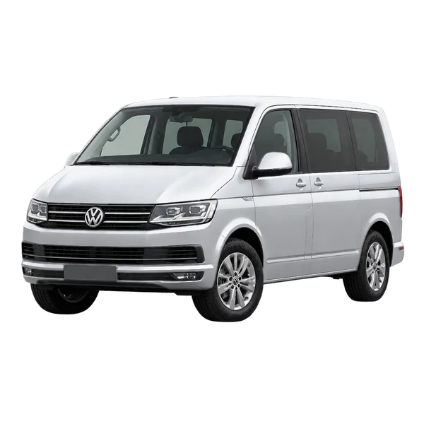 Volkswagen Multivan 2020 باللون فضي، منظر منظر أمامي بزاوية ثلاثة أرباع (متجه لليسار)