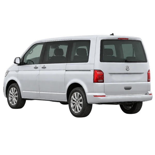 silver 2021 Volkswagen Multivan rear three-quarter (facing left) view