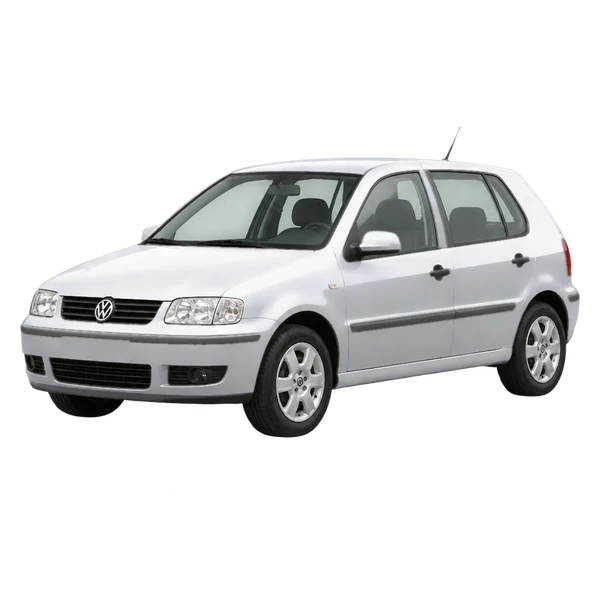 Volkswagen Polo 2000 prata, vista dianteira em três quartos (voltada para a esquerda)
