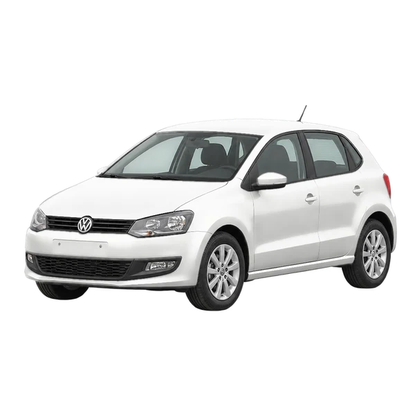 Volkswagen Polo 2012 باللون أبيض، منظر منظر أمامي بزاوية ثلاثة أرباع (متجه لليسار)
