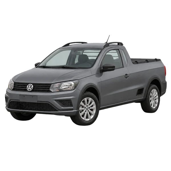 Volkswagen Saveiro 2018 cinza, vista dianteira em três quartos (voltada para a esquerda)