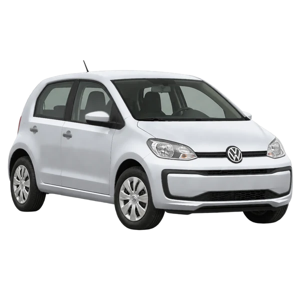 Volkswagen UP 2025 prata, vista dianteira em três quartos (voltada para a esquerda)