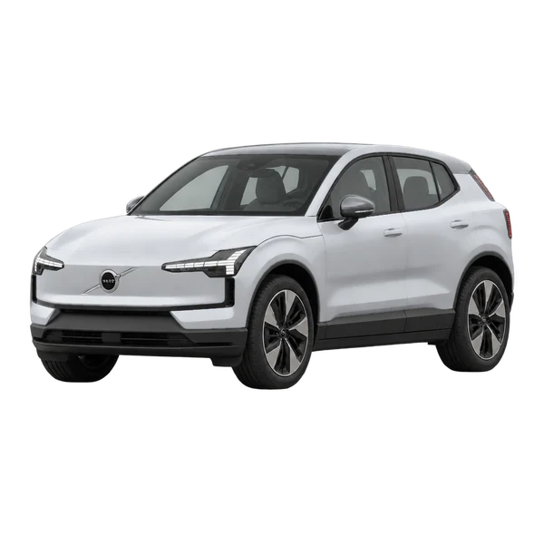 2026 Volvo EX30 in Silber, Ansicht: Dreiviertelansicht vorne (nach links gerichtet)