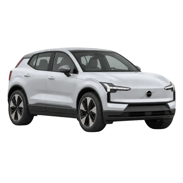Volvo EX30 2026 باللون فضي، منظر زاوية ثلاثة أرباع أمامية (باتجاه اليمين)