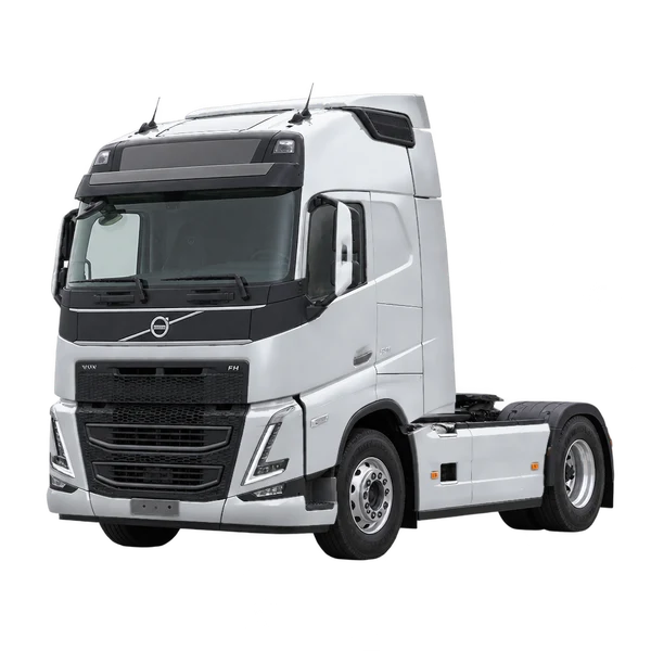 Volvo FH 2025 prata, vista dianteira em três quartos (voltada para a esquerda)
