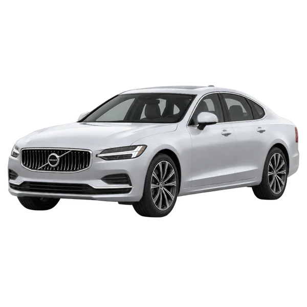 Volvo S90 2027 prata, vista dianteira em três quartos (voltada para a esquerda)