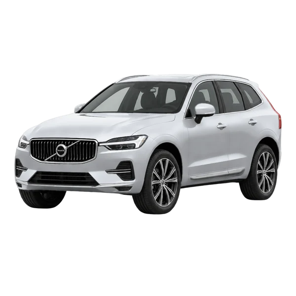 Volvo XC60 2026 باللون فضي، منظر منظر أمامي بزاوية ثلاثة أرباع (متجه لليسار)