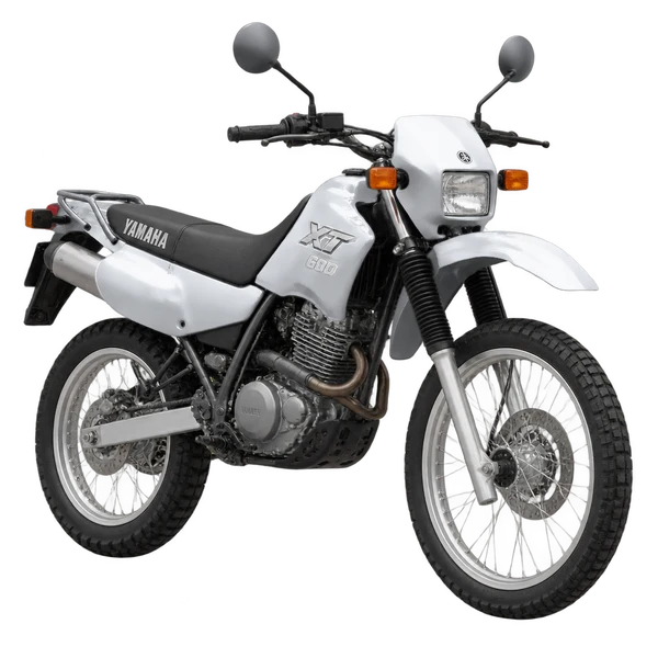 Yamaha XT 600 2001 باللون فضي، منظر منظر أمامي بزاوية ثلاثة أرباع (متجه لليسار)