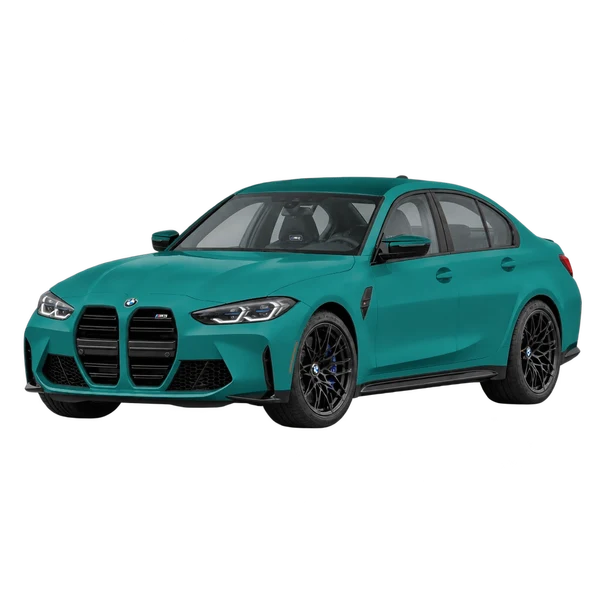 2022 BMW M3 previewed in gloss teal, front three-quarter facing left