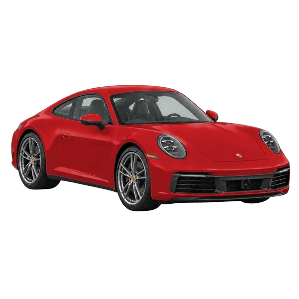2024 Porsche 911 coupe in red, front three-quarter view